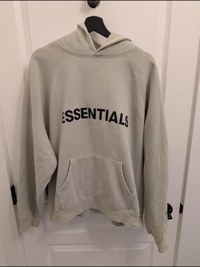 ESSENTIALS Light Gray Men's Pullover Hoodie with Black Logo